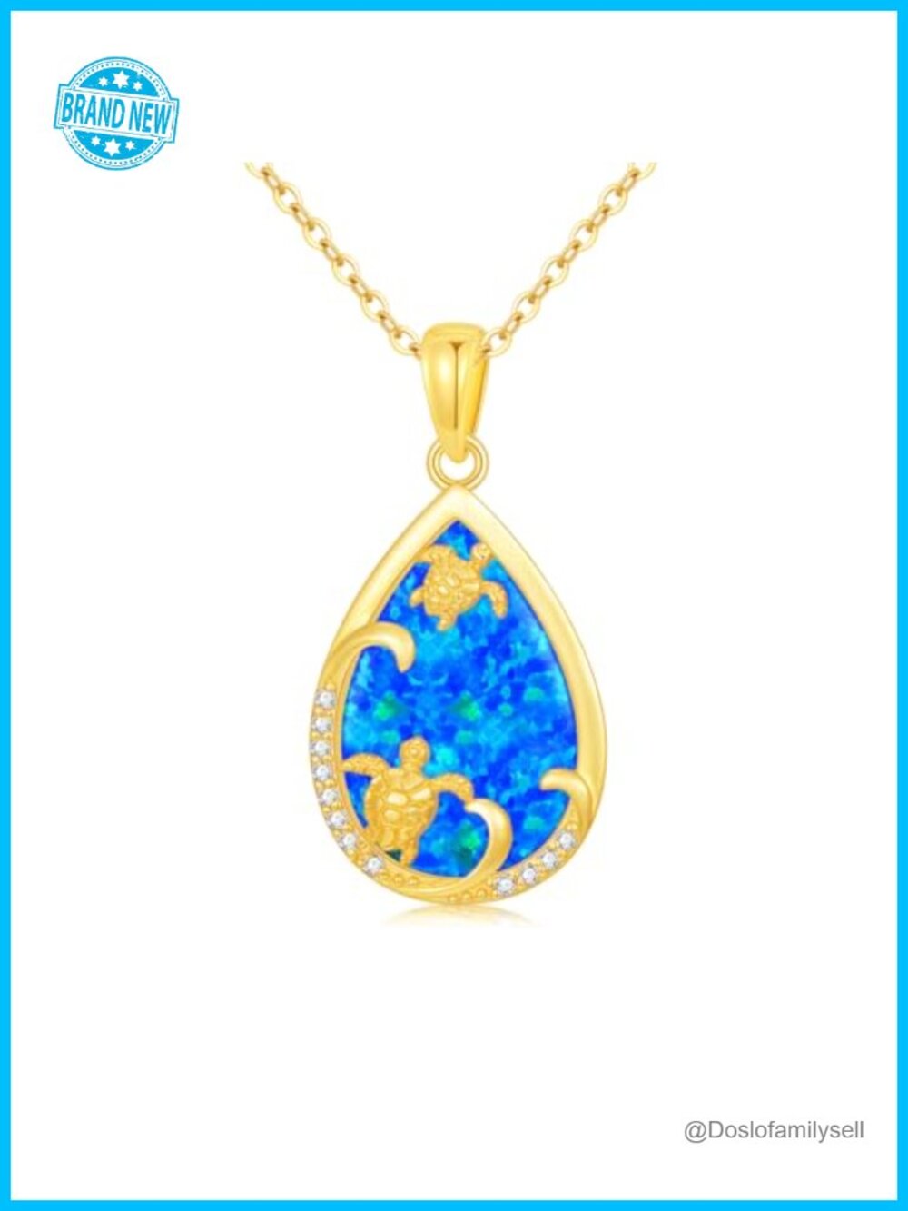 14K Gold Turtle Pendant Necklace for Women with Blue Opal & CZ